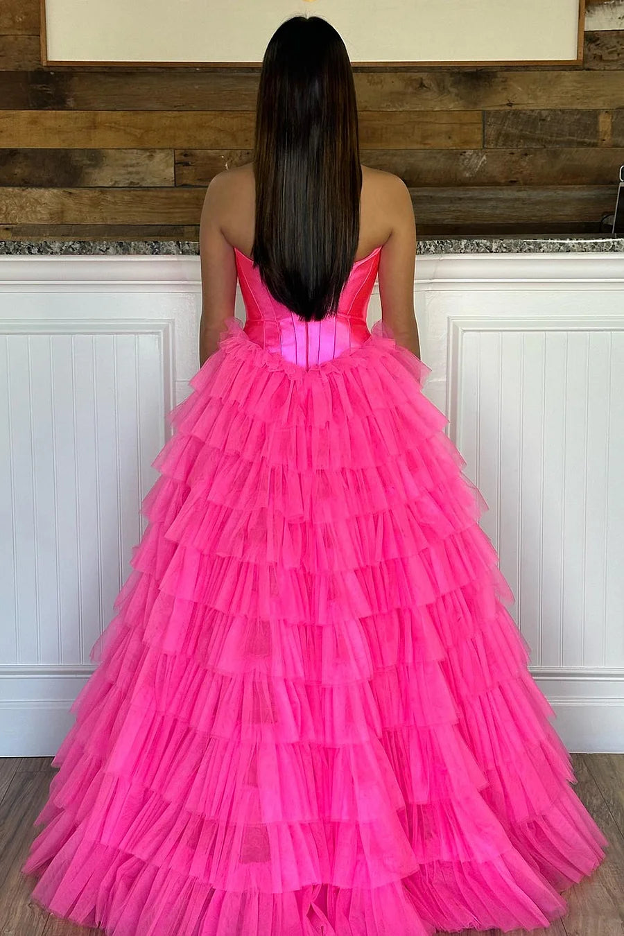 A Line Prom Dress Sweetheart Collar Tiered Tulle Evening Dress with Split