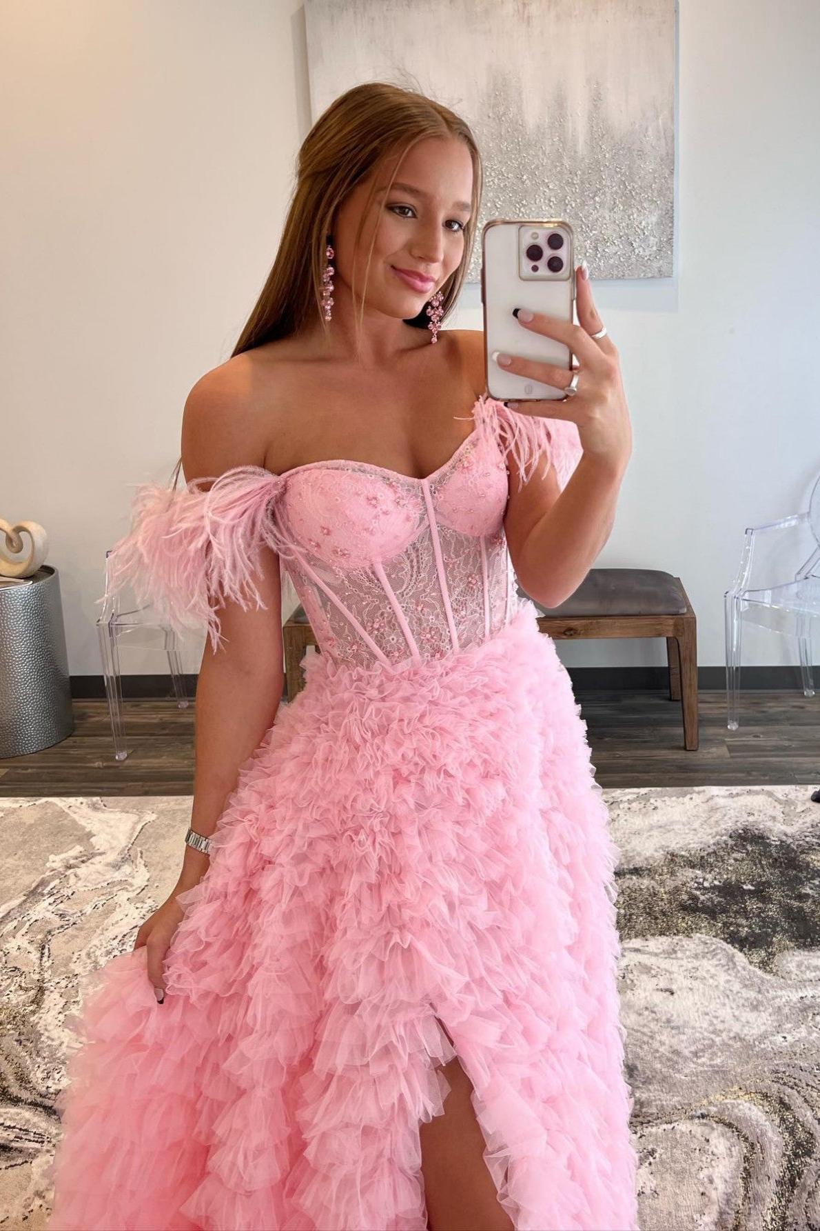 A Line Prom Dress Sweetheart Collar Tiered Tulle Long Elegant Evening Dress with Split