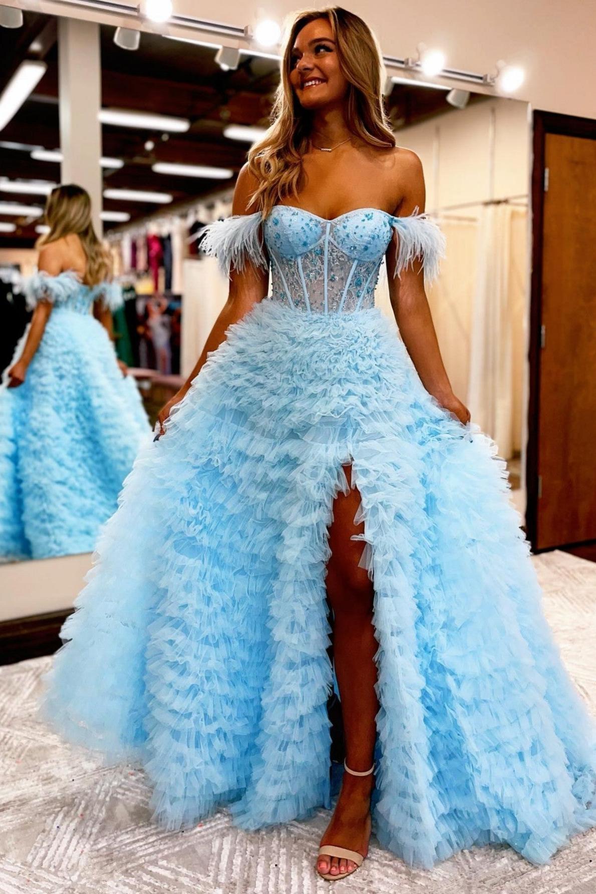 A Line Prom Dress Sweetheart Collar Tiered Tulle Long Elegant Evening Dress with Split