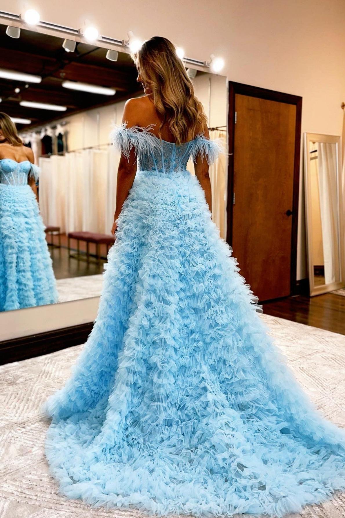 A Line Prom Dress Sweetheart Collar Tiered Tulle Long Elegant Evening Dress with Split