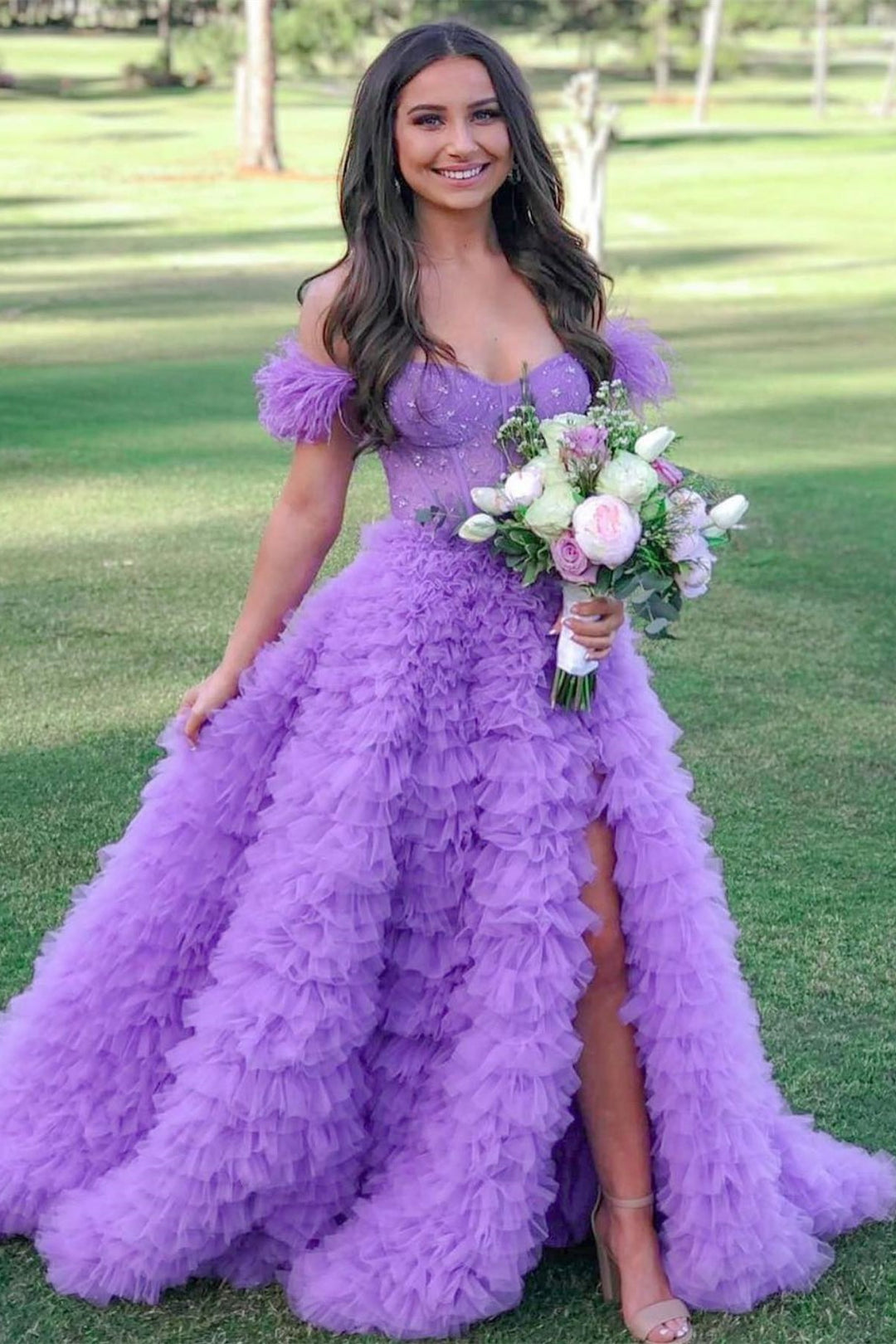 A Line Prom Dress Sweetheart Collar Tiered Tulle Long Elegant Evening Dress with Split