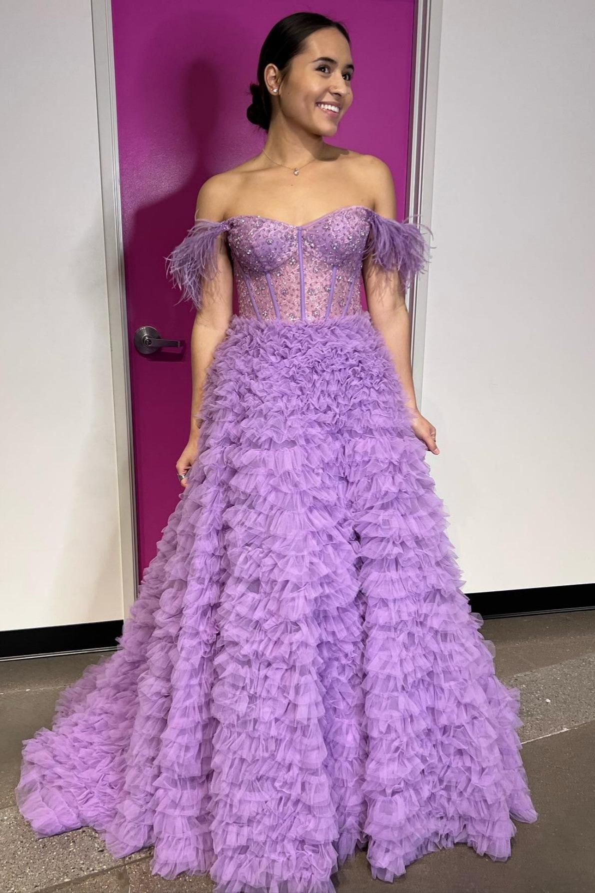 A Line Prom Dress Sweetheart Collar Tiered Tulle Long Elegant Evening Dress with Split