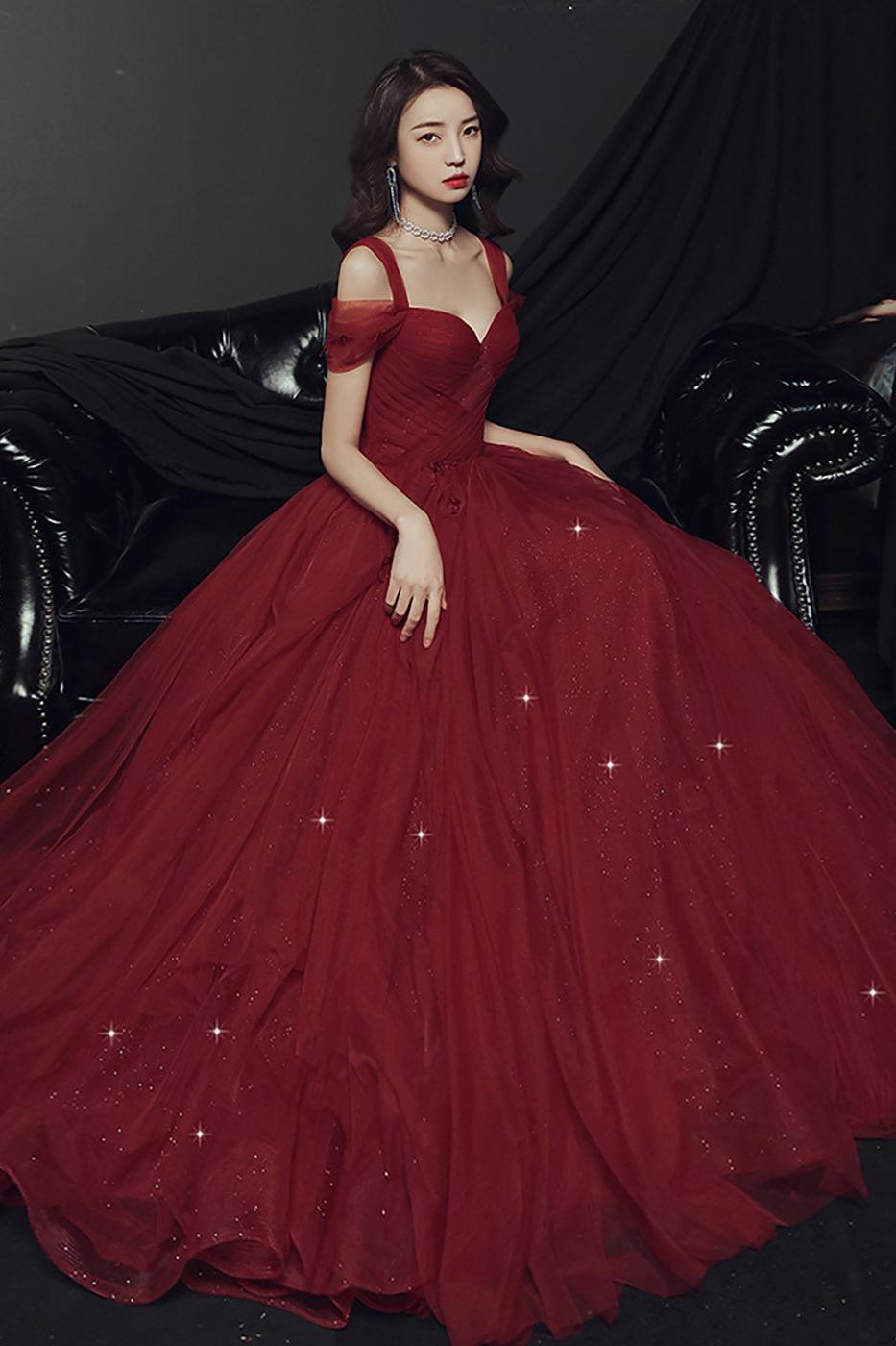 A Line Prom Dress Sweetheart Neck Burgundy Long Evening Dress