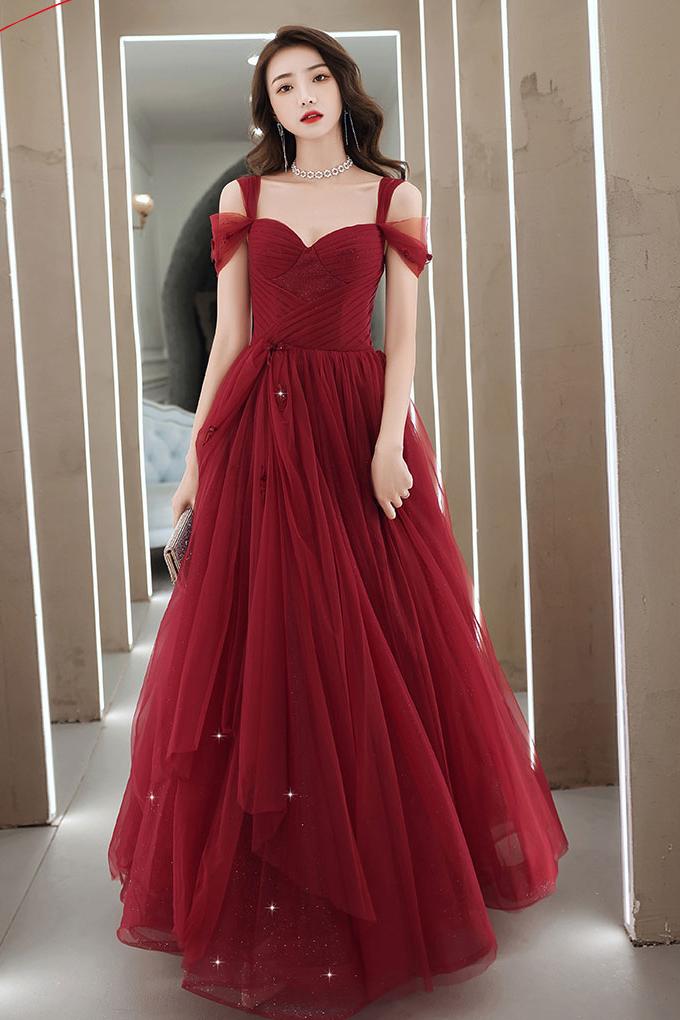 A Line Prom Dress Sweetheart Neck Burgundy Long Evening Dress