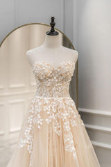 A Line Prom Dress Sweetheart Neck Champagne Long Lace Formal Graduation Dress Evening Dress