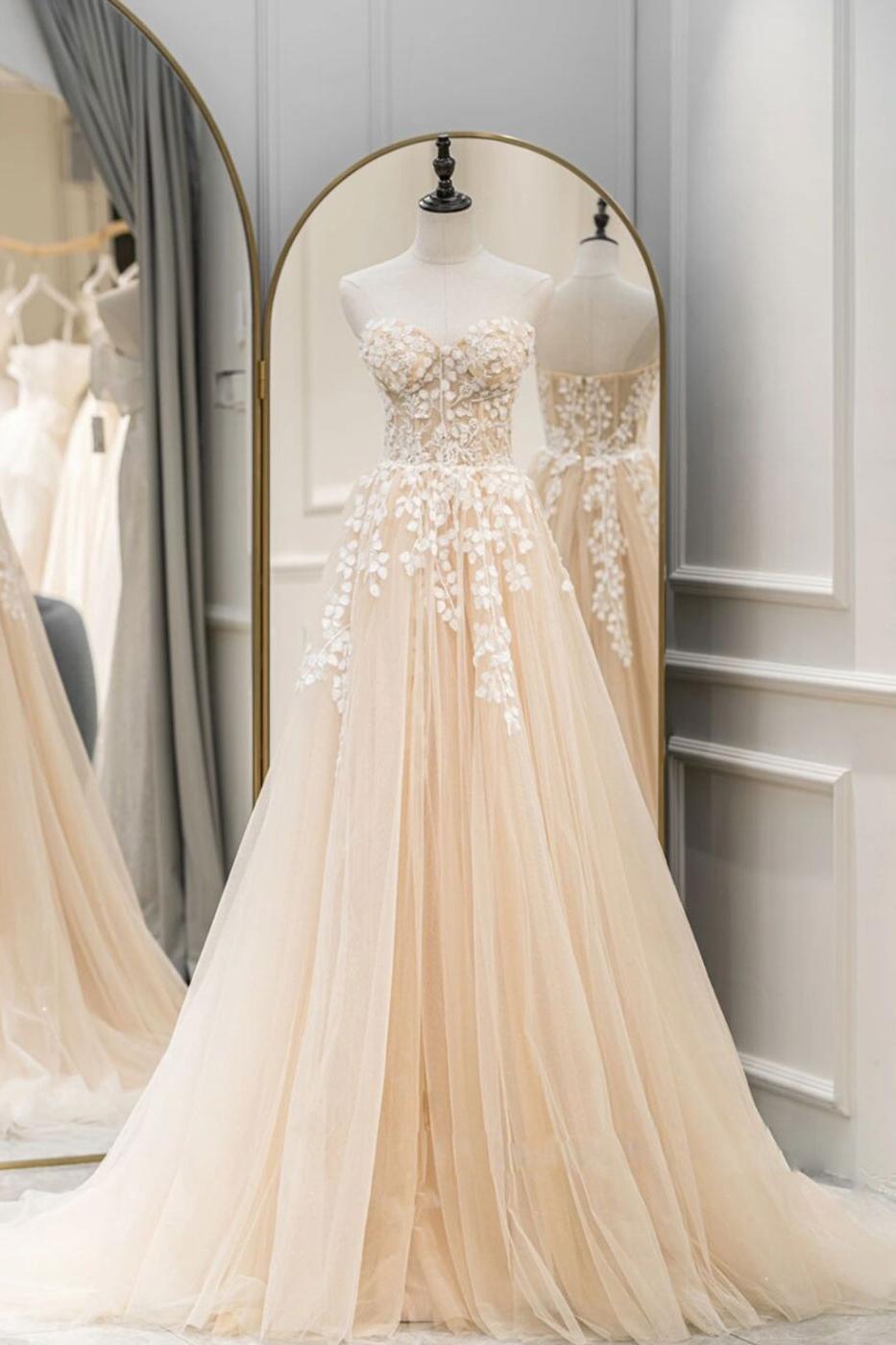 A Line Prom Dress Sweetheart Neck Champagne Long Lace Formal Graduation Dress Evening Dress