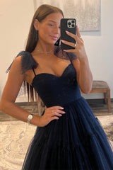 A Line Prom Dress Sweetheart Neck Dot Tulle Evening Dress