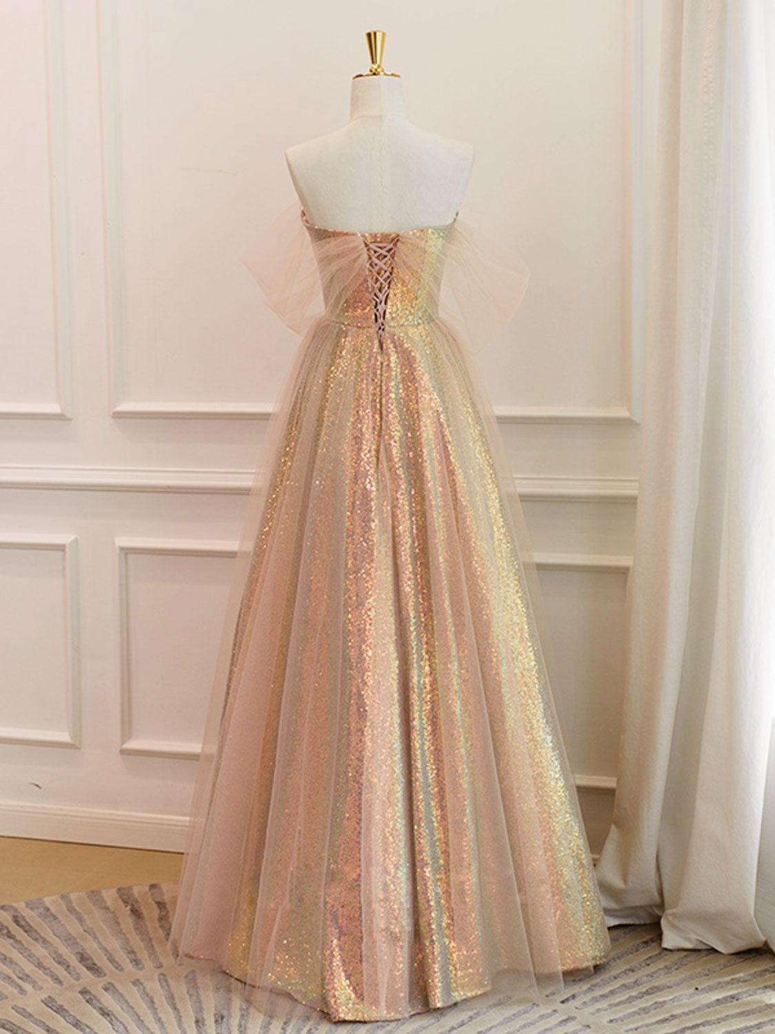 A Line Prom Dress Sweetheart Neck Gold Sequin Long Evening Dress