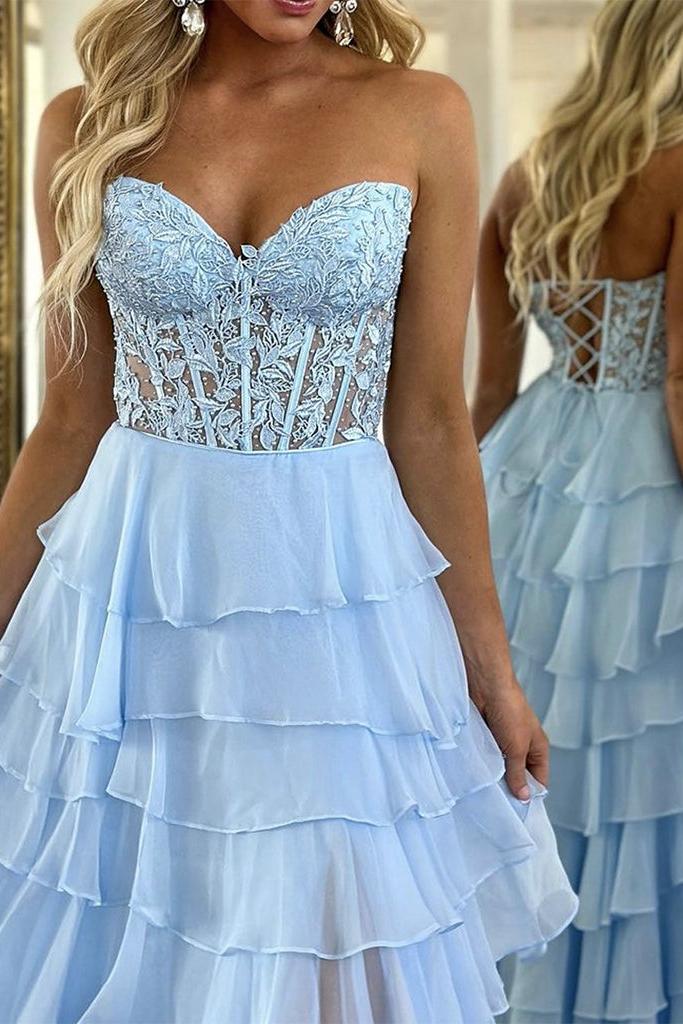 A Line Prom Dress Sweetheart Neck Lace Chiffon Blue Long Formal Dress Evening Dress