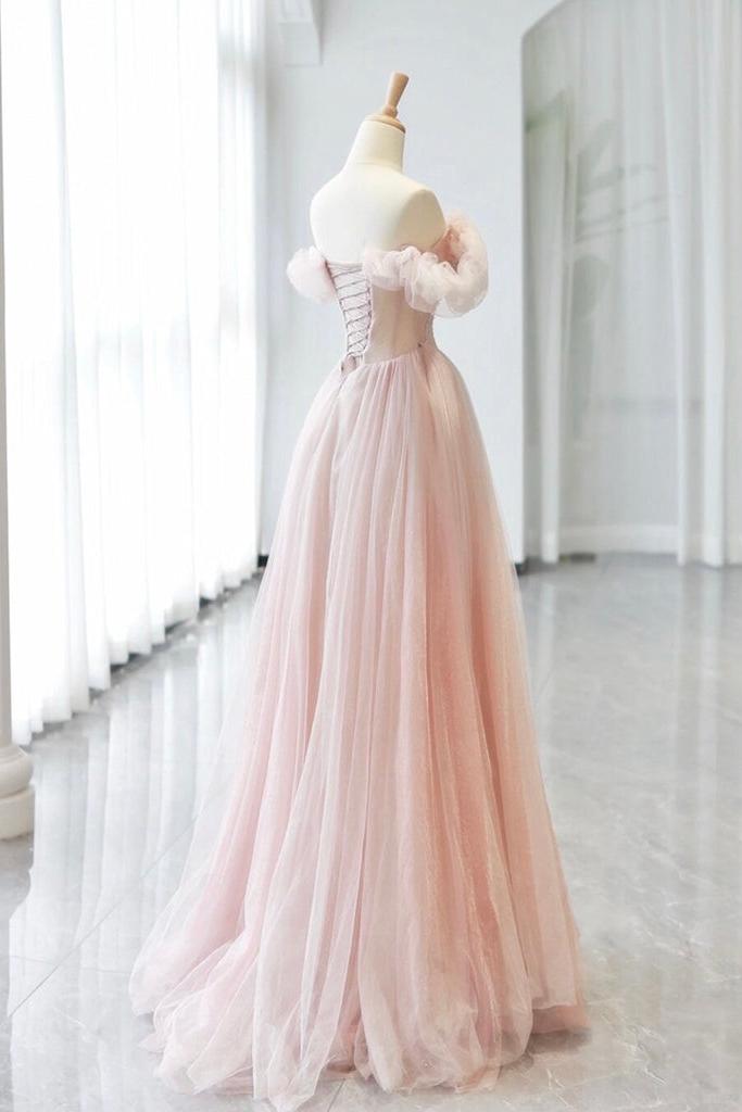 A Line Prom Dress Sweetheart Neck Off the Shoulder Tulle Pink Long Formal Dress Evening Dress