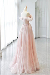 A Line Prom Dress Sweetheart Neck Off the Shoulder Tulle Pink Long Formal Dress Evening Dress