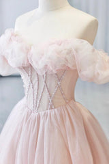 A Line Prom Dress Sweetheart Neck Off the Shoulder Tulle Pink Long Formal Dress Evening Dress