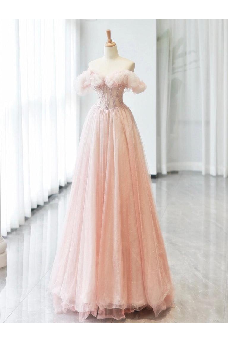 A Line Prom Dress Sweetheart Neck Off the Shoulder Tulle Pink Long Formal Dress Evening Dress