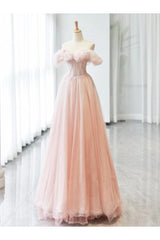 A Line Prom Dress Sweetheart Neck Off the Shoulder Tulle Pink Long Formal Dress Evening Dress