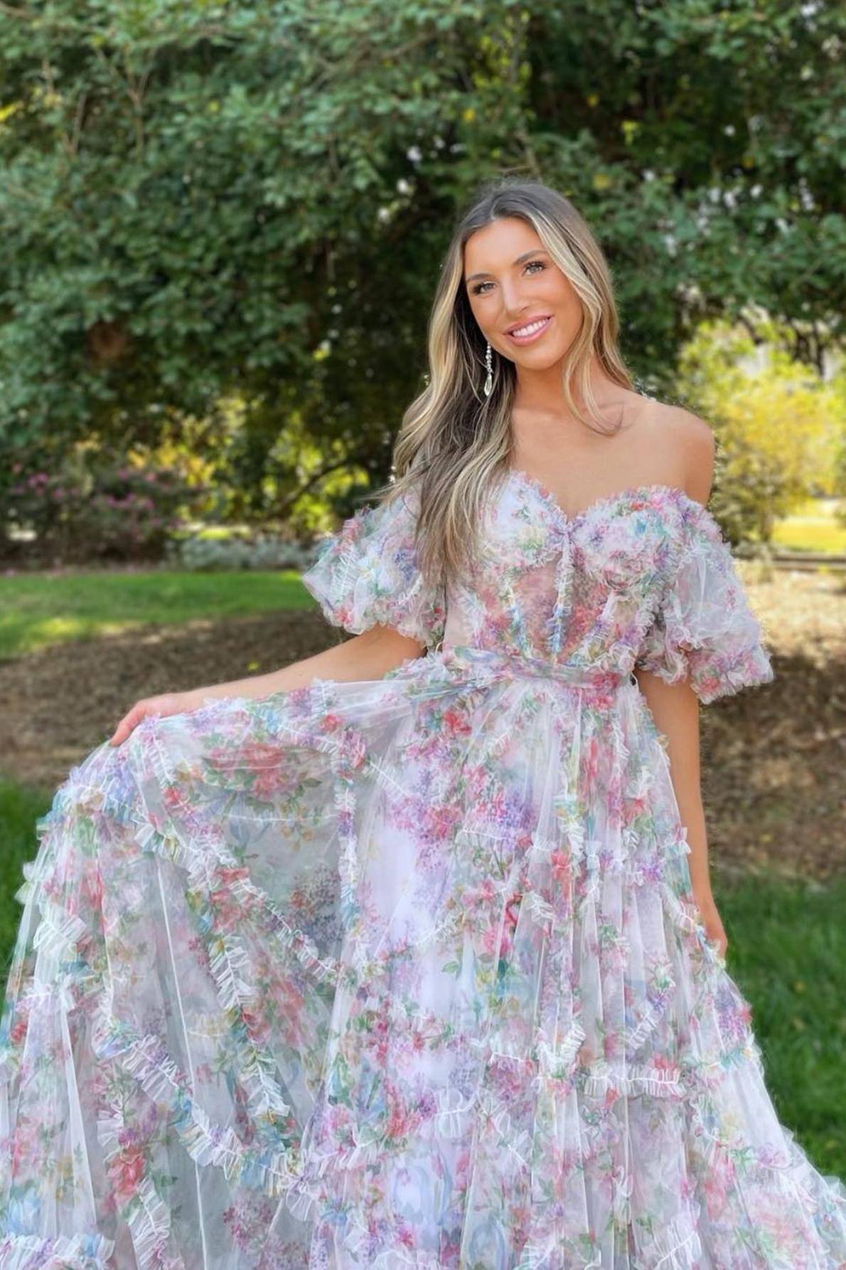 A Line Prom Dress Sweetheart Neck Printed Tulle Long Evening Dress