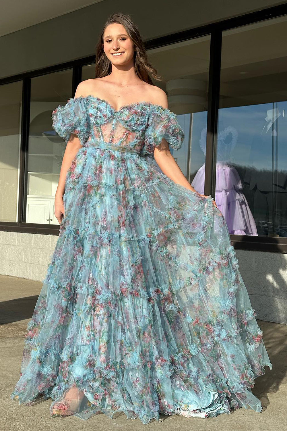 A Line Prom Dress Sweetheart Neck Printed Tulle Long Evening Dress