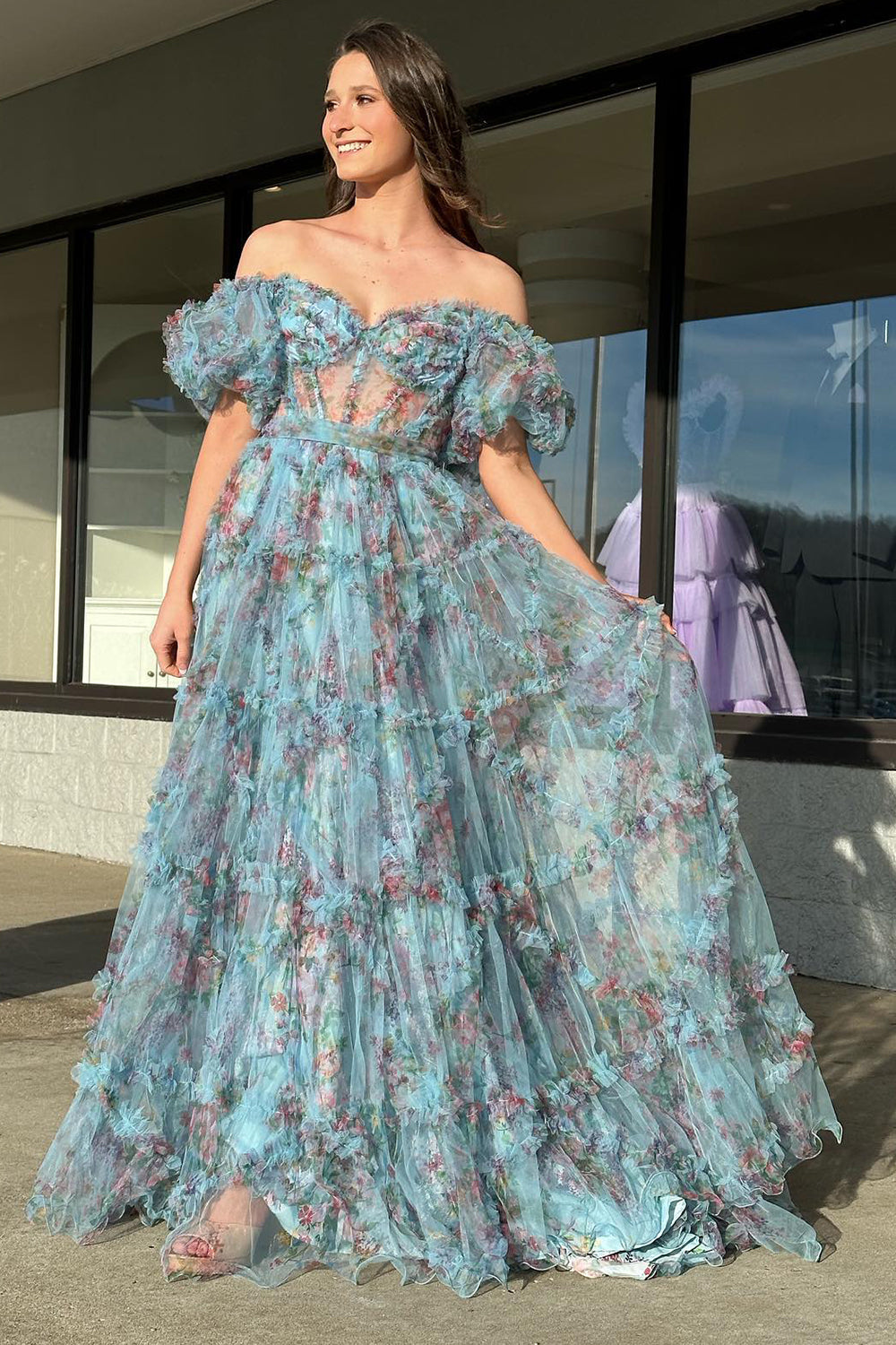 A Line Prom Dress Sweetheart Neck Printed Tulle Long Evening Dress