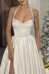 A Line Prom Dress Sweetheart Neck Satin Beaded Beige Long Formal Evening Dress