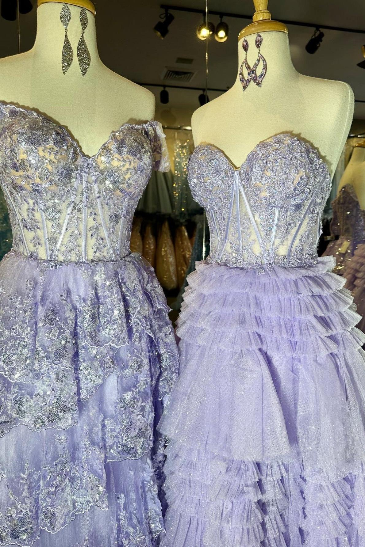 A Line Prom Dress Sweetheart Neck Tiered Long Tulle Evening Dress