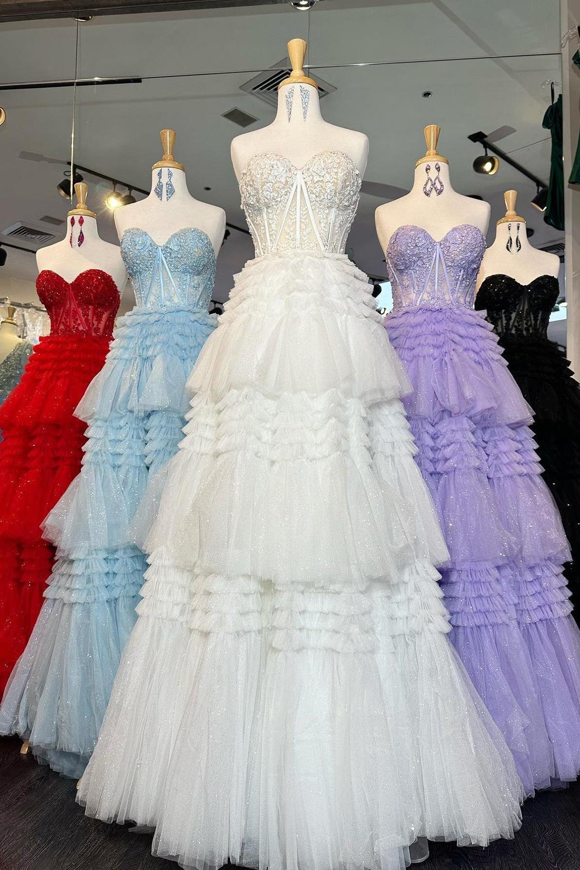 A Line Prom Dress Sweetheart Neck Tiered Long Tulle Evening Dress