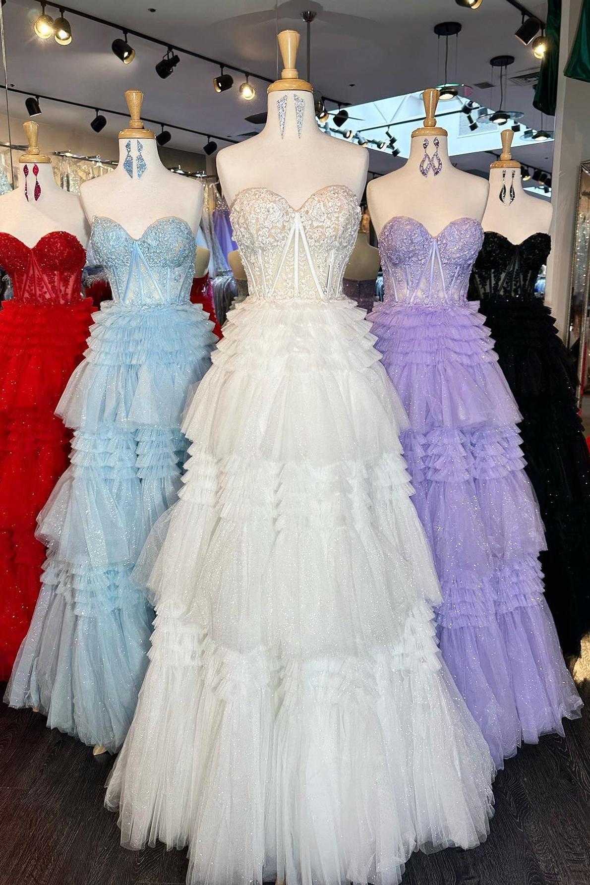 A Line Prom Dress Sweetheart Neck Tiered Long Tulle Evening Dress
