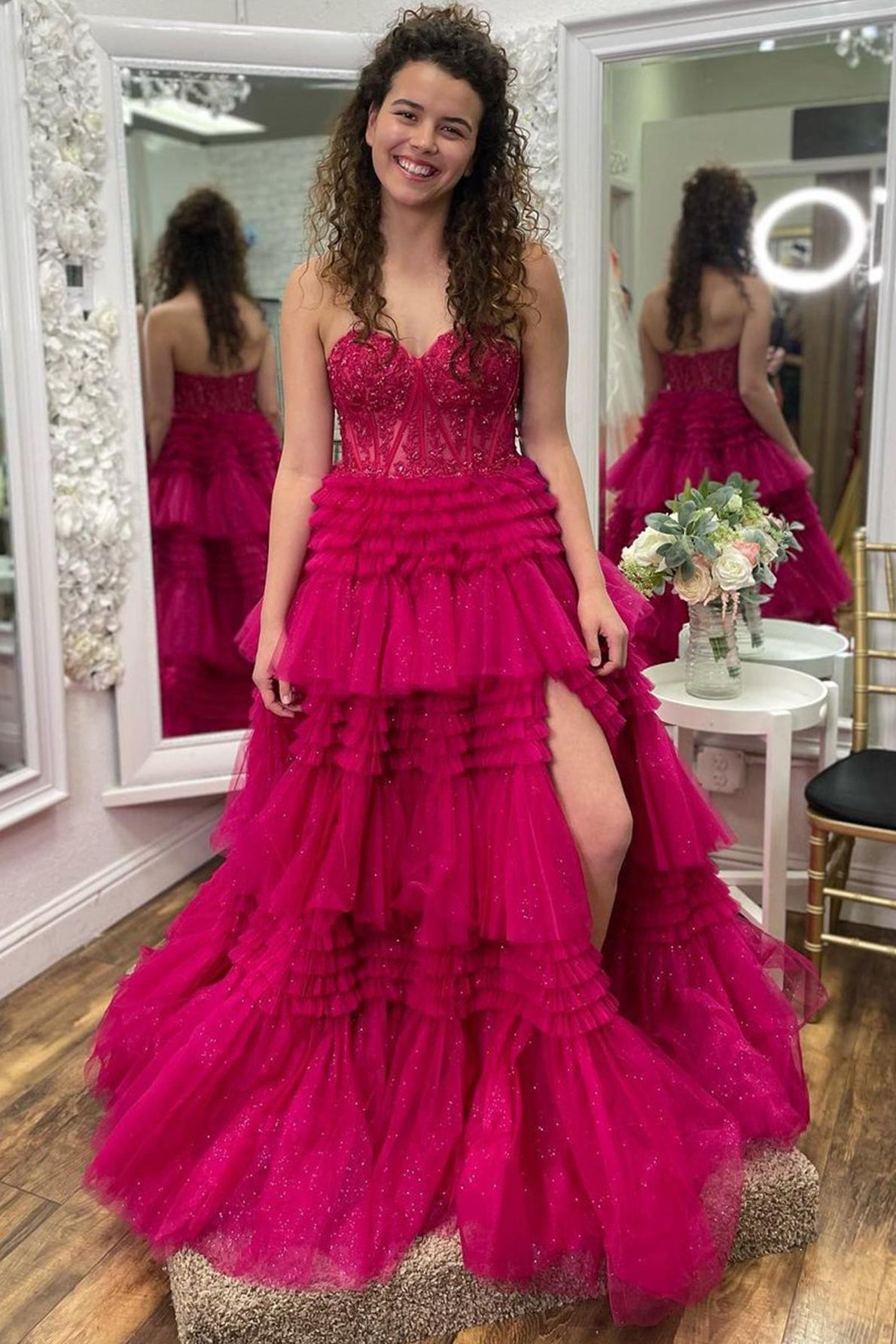 A Line Prom Dress Sweetheart Neck Tiered Long Tulle Evening Dress