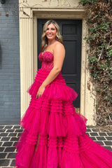A Line Prom Dress Sweetheart Neck Tiered Long Tulle Evening Dress
