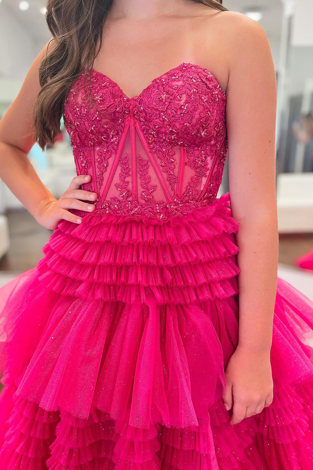 A Line Prom Dress Sweetheart Neck Tiered Long Tulle Evening Dress