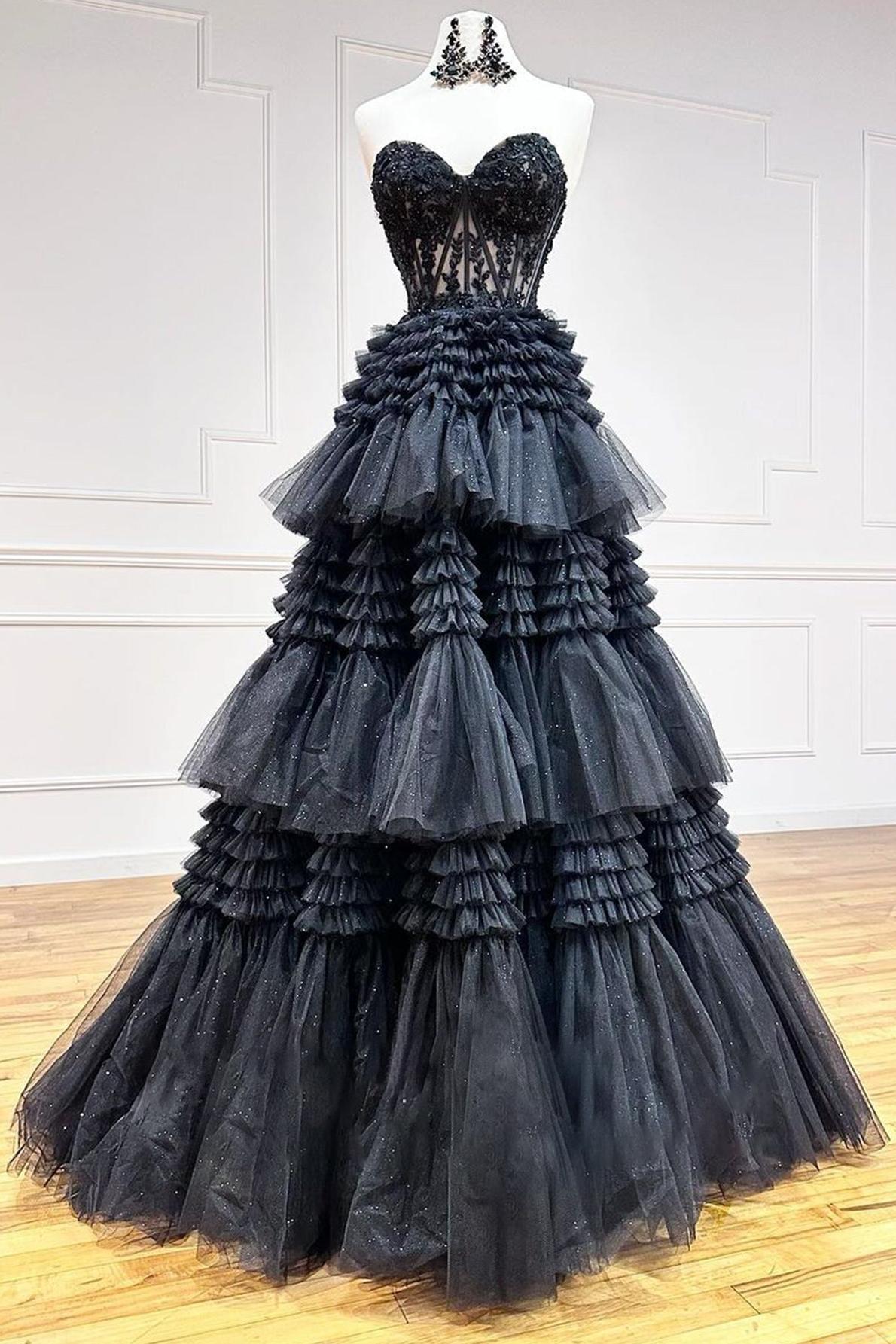 A Line Prom Dress Sweetheart Neck Tiered Long Tulle Evening Dress