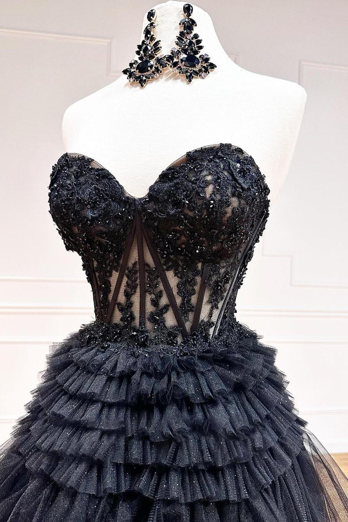 A Line Prom Dress Sweetheart Neck Tiered Long Tulle Evening Dress