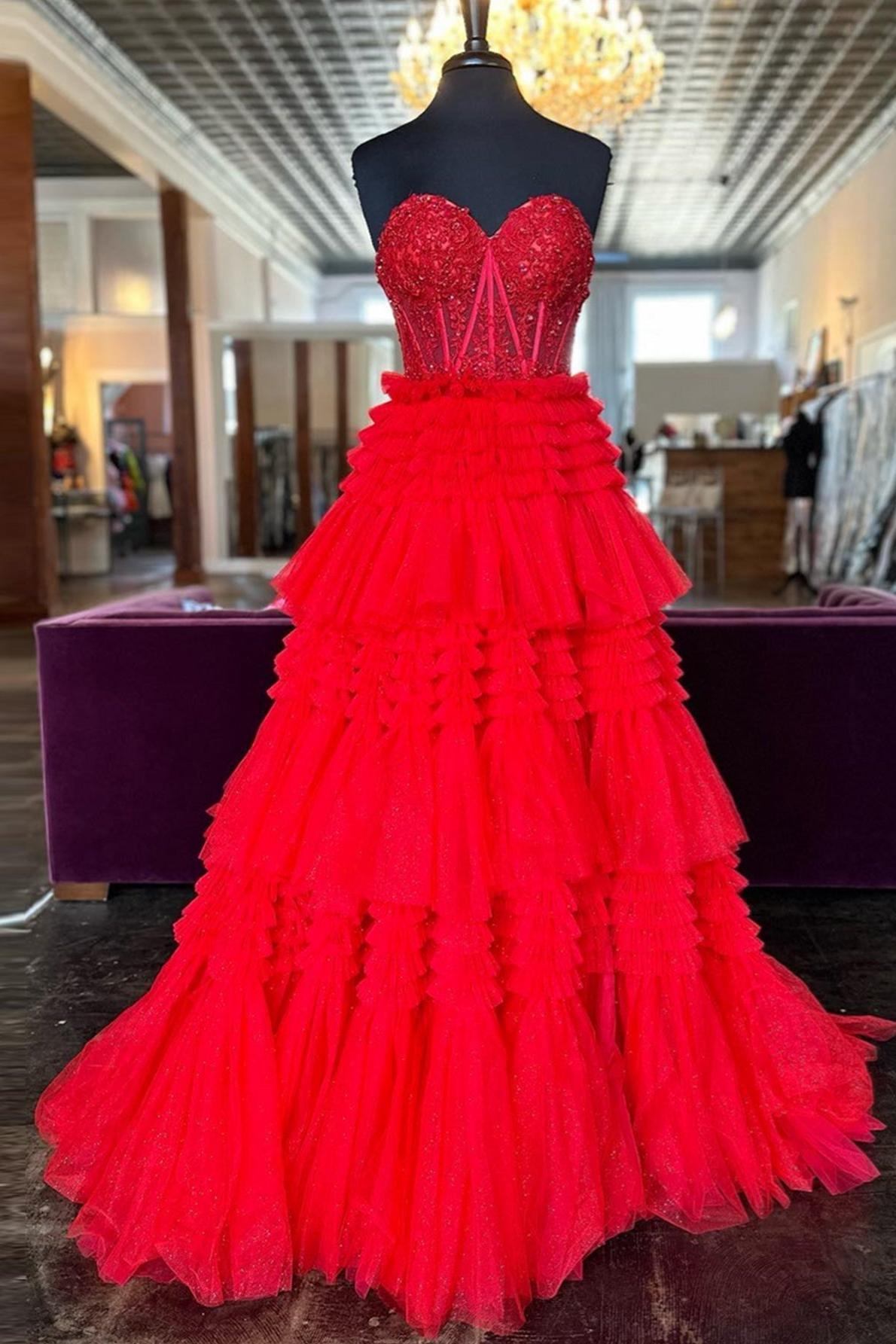 A Line Prom Dress Sweetheart Neck Tiered Long Tulle Evening Dress