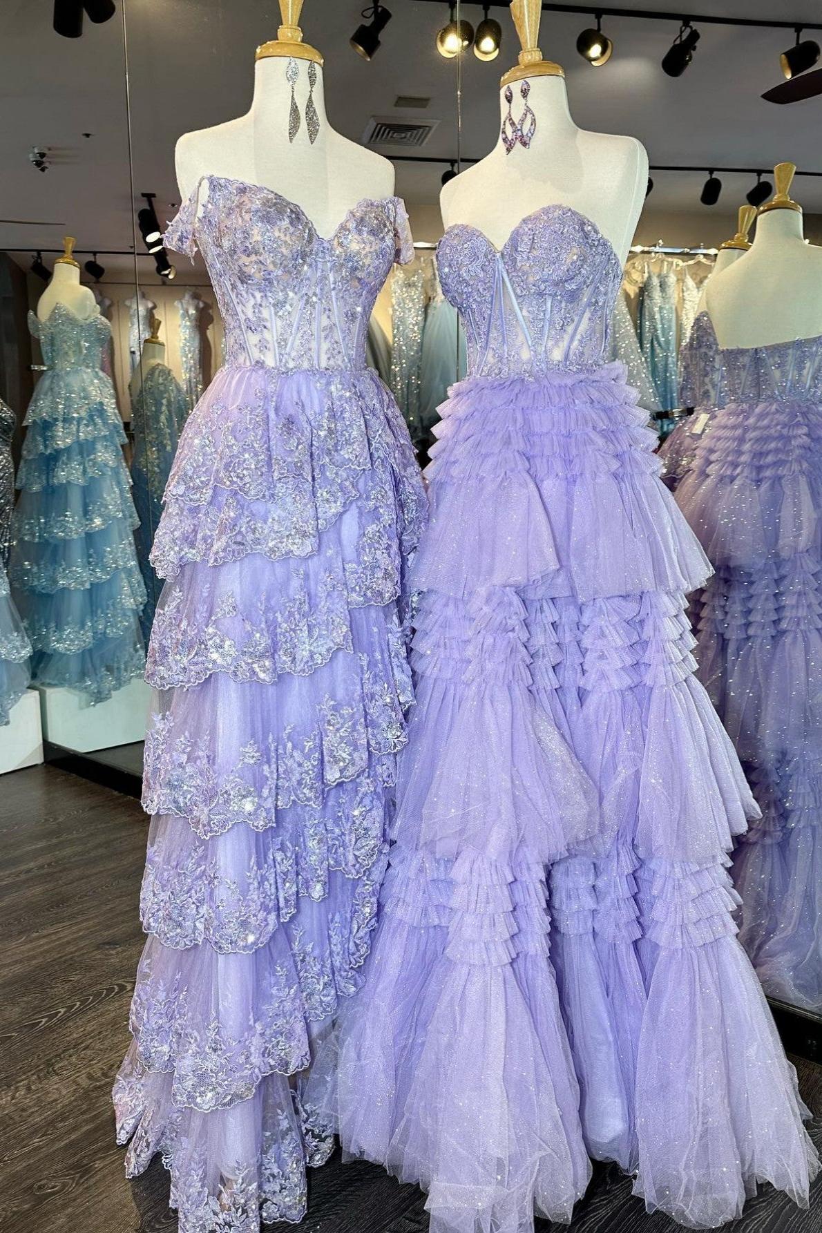 A Line Prom Dress Sweetheart Neck Tiered Long Tulle Evening Dress