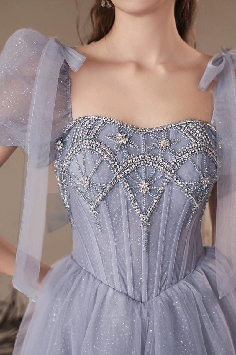 A Line Prom Dress Sweetheart Neck Tulle Beaded Blue Long Evening Dress