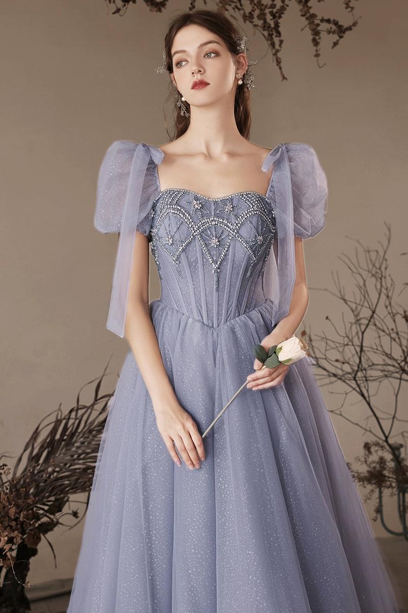 A Line Prom Dress Sweetheart Neck Tulle Beaded Blue Long Evening Dress