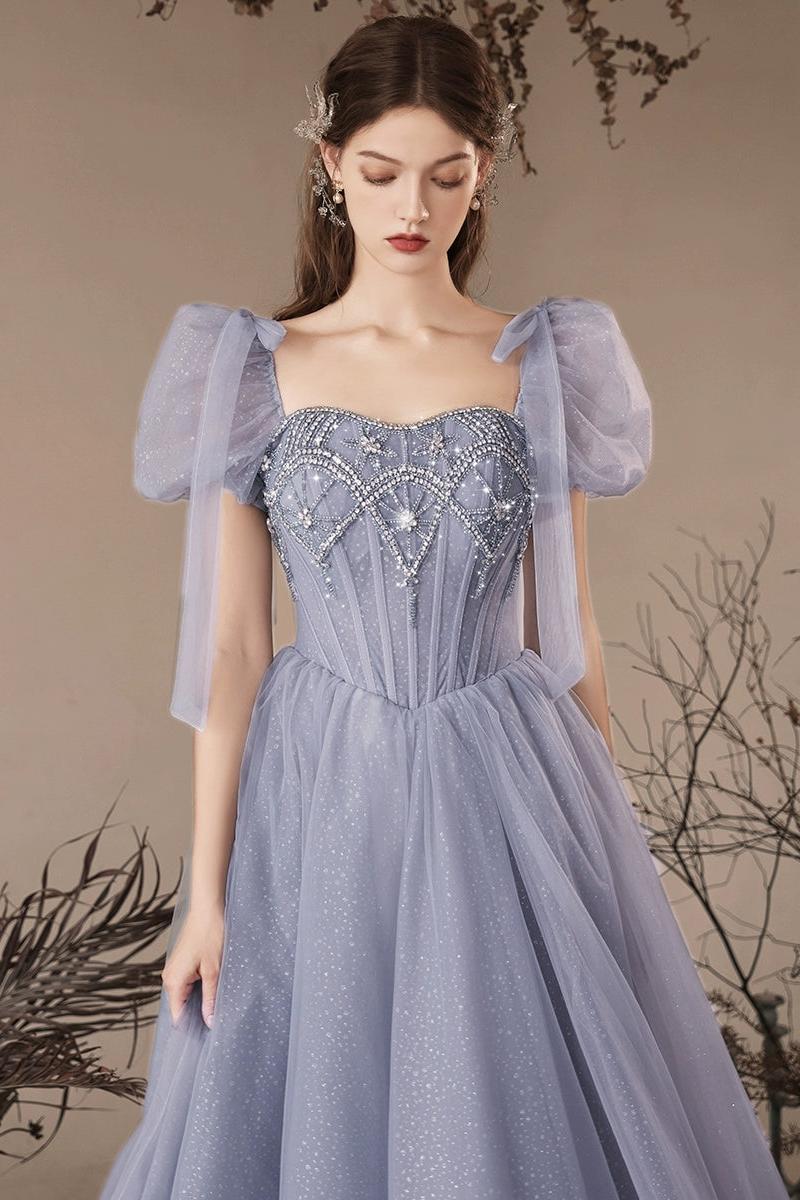 A Line Prom Dress Sweetheart Neck Tulle Beaded Blue Long Evening Dress