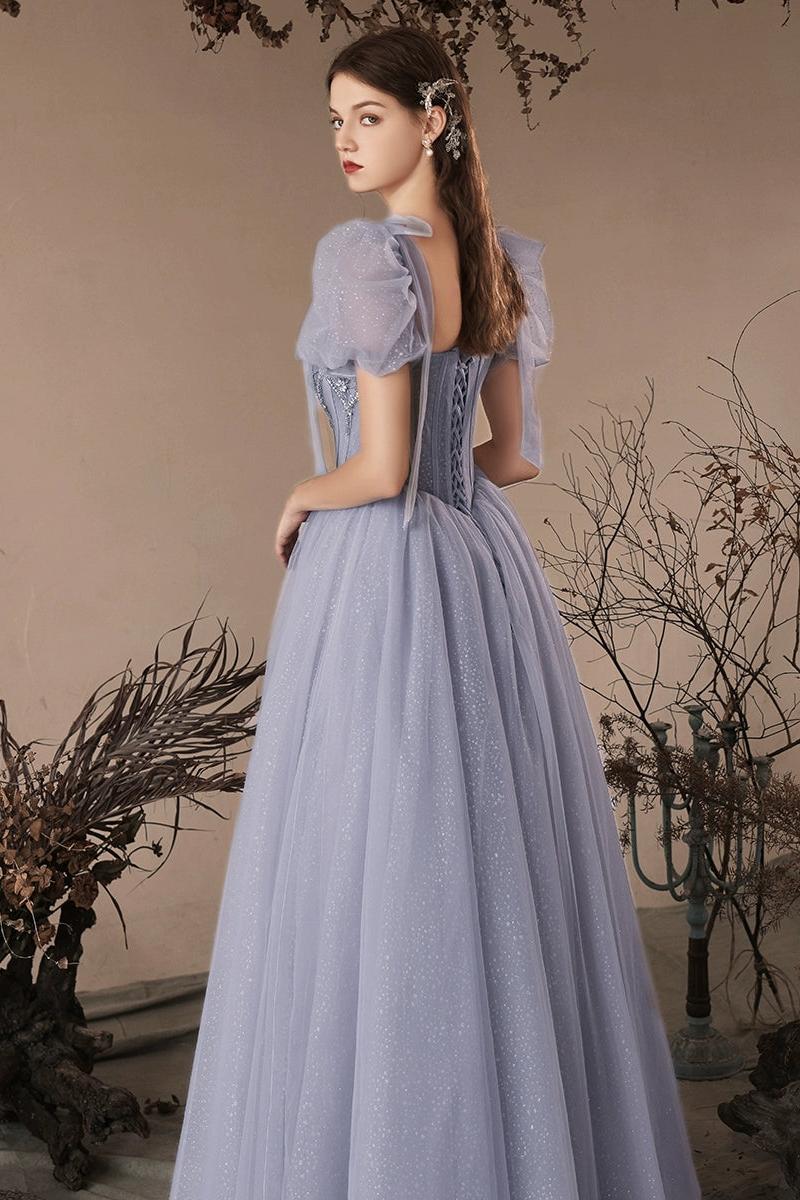 A Line Prom Dress Sweetheart Neck Tulle Beaded Blue Long Evening Dress