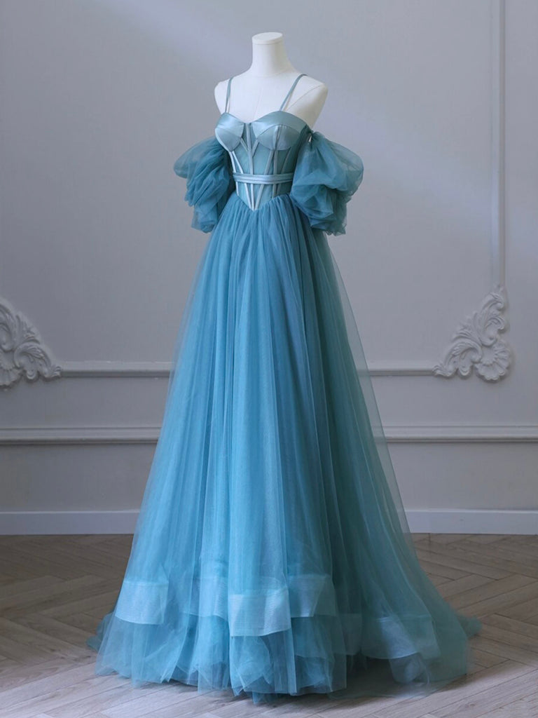 A Line Prom Dress Sweetheart Neck Tulle Blue Long Formal Dress Evening Dress