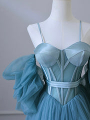 A Line Prom Dress Sweetheart Neck Tulle Blue Long Formal Dress Evening Dress