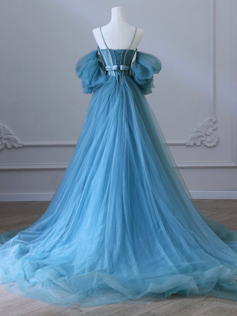 A Line Prom Dress Sweetheart Neck Tulle Blue Long Formal Dress Evening Dress