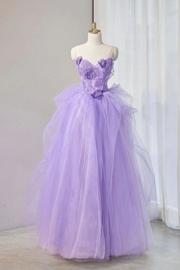 A Line Prom Dress Sweetheart Neck Tulle Lace Appliques Purple Long Formal Dress Evening Dress
