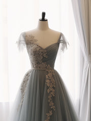 A Line Prom Dress Sweetheart Neck Tulle Lace Gray Prom Dress Blue Long Formal Gown Evening Dress