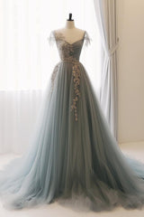 A Line Prom Dress Sweetheart Neck Tulle Lace Gray Prom Dress Blue Long Formal Gown Evening Dress
