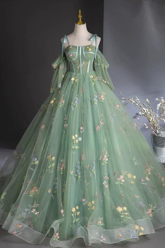 A Line Prom Dress Sweetheart Neck Tulle Lace Green Long Evening Dress