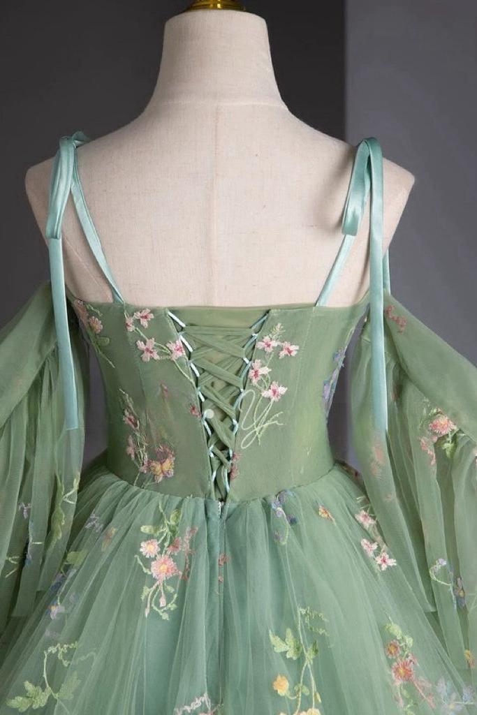 A Line Prom Dress Sweetheart Neck Tulle Lace Green Long Evening Dress