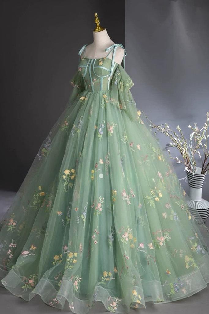 A Line Prom Dress Sweetheart Neck Tulle Lace Green Long Evening Dress