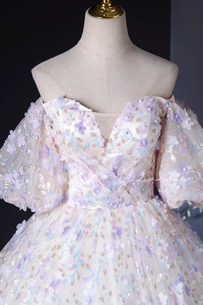 A Line Prom Dress Sweetheart Neck Tulle Lace Light Purple Long Formal Gown Evening Dress