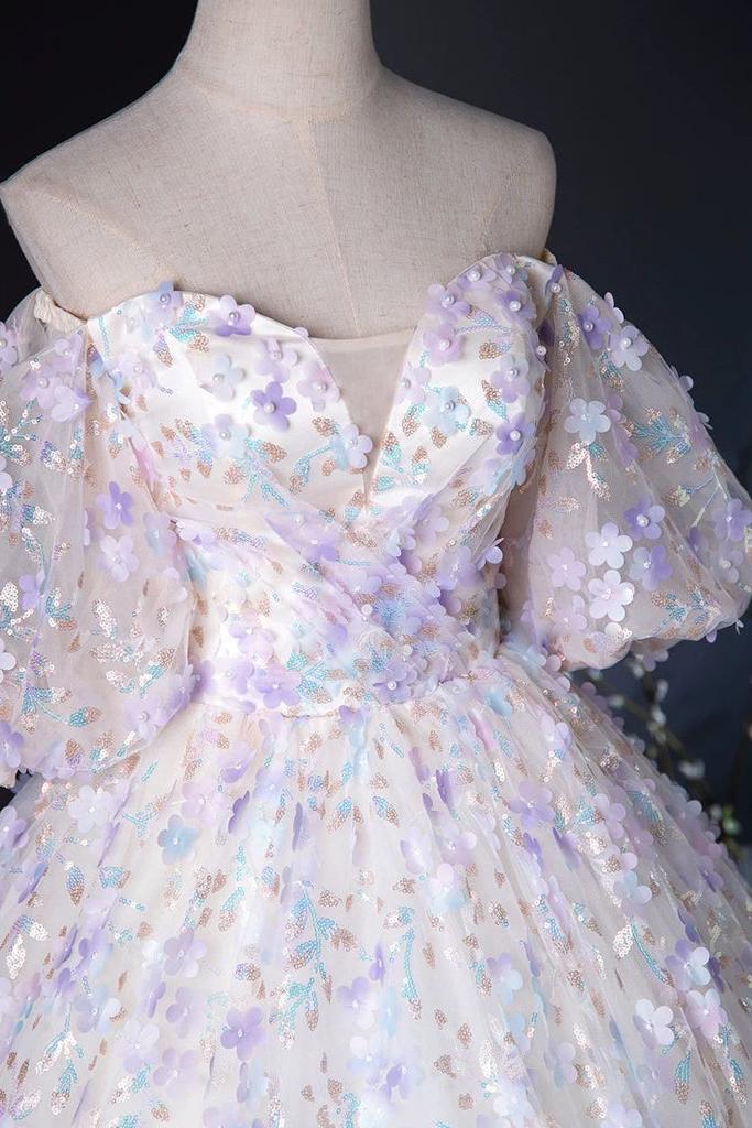 A Line Prom Dress Sweetheart Neck Tulle Lace Light Purple Long Formal Gown Evening Dress