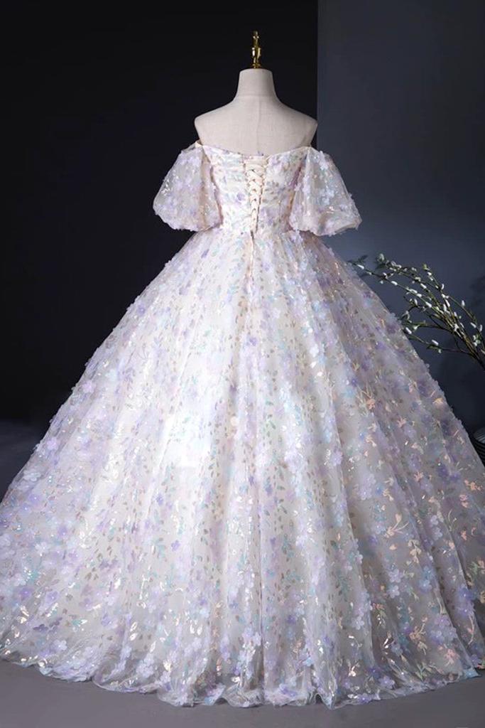 A Line Prom Dress Sweetheart Neck Tulle Lace Light Purple Long Formal Gown Evening Dress