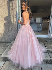A Line Prom Dress Sweetheart Neck Tulle Lace Long Pink Formal Gown Evening Dress