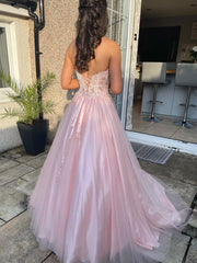 A Line Prom Dress Sweetheart Neck Tulle Lace Long Pink Formal Gown Evening Dress